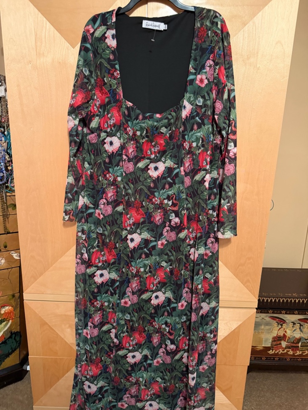 Anthropologie Green Floral Maxi Dress with Pink & Red Blooms - Picture 2 of 6